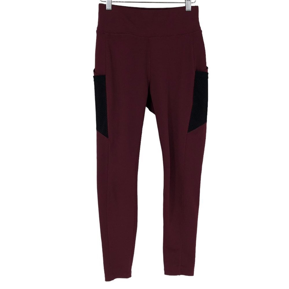 Pop Fit Athletic Leggings with Two Large Side Pockets Burgundy Size Medium